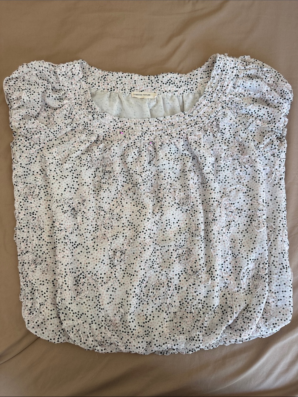 Rebecca Taylor White Smocked Blouse with Black Dot Print